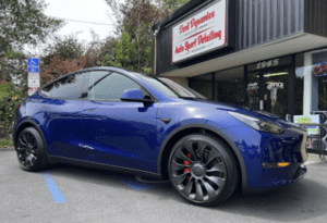 Paint correction Santa Rosa on a new blue Tesla model Y 
