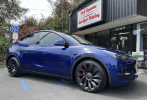 Paint correction Santa Rosa on a new blue Tesla model Y